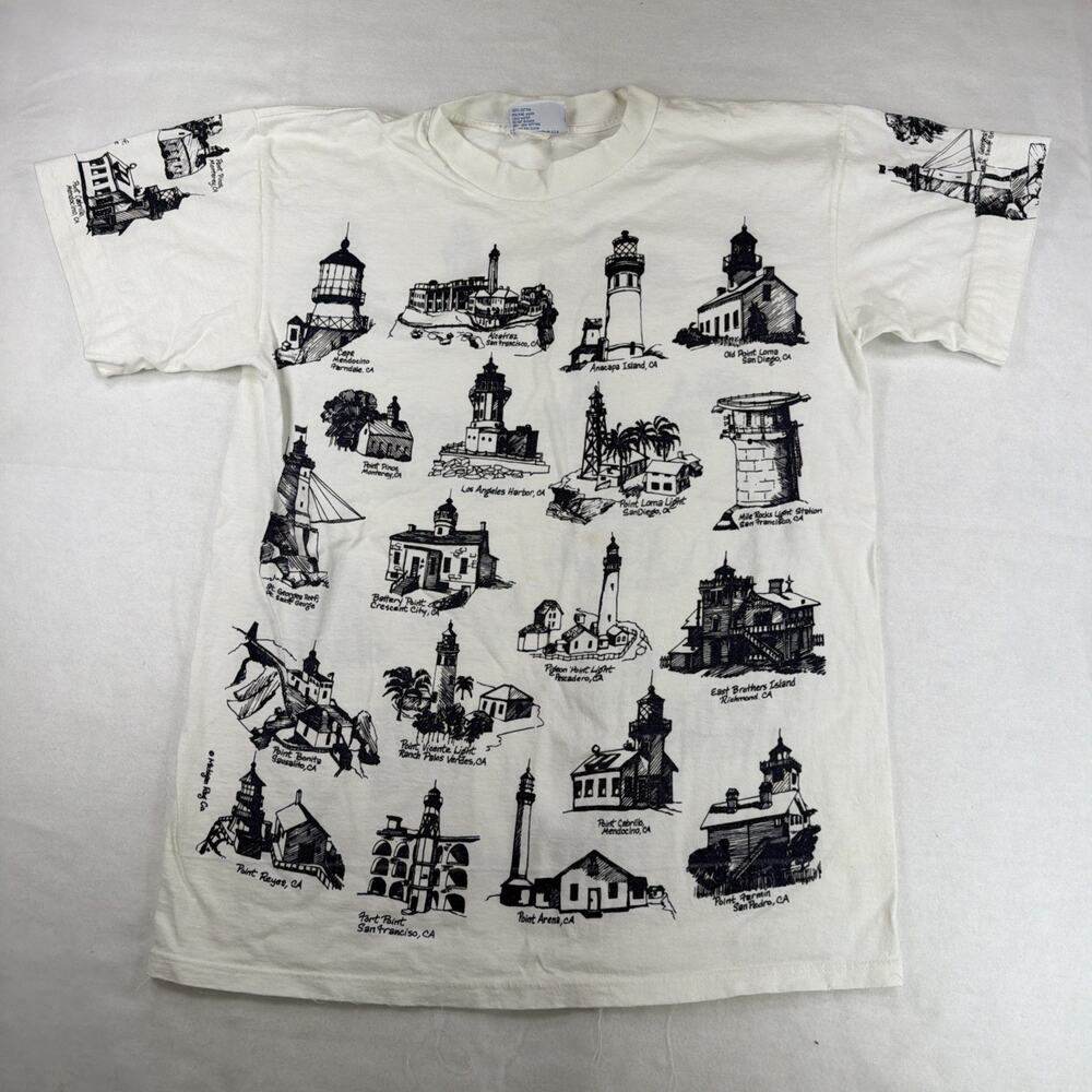 Vintage 90s Michigan Rag Co California Lighthouses All Over Print T Shirt L USA